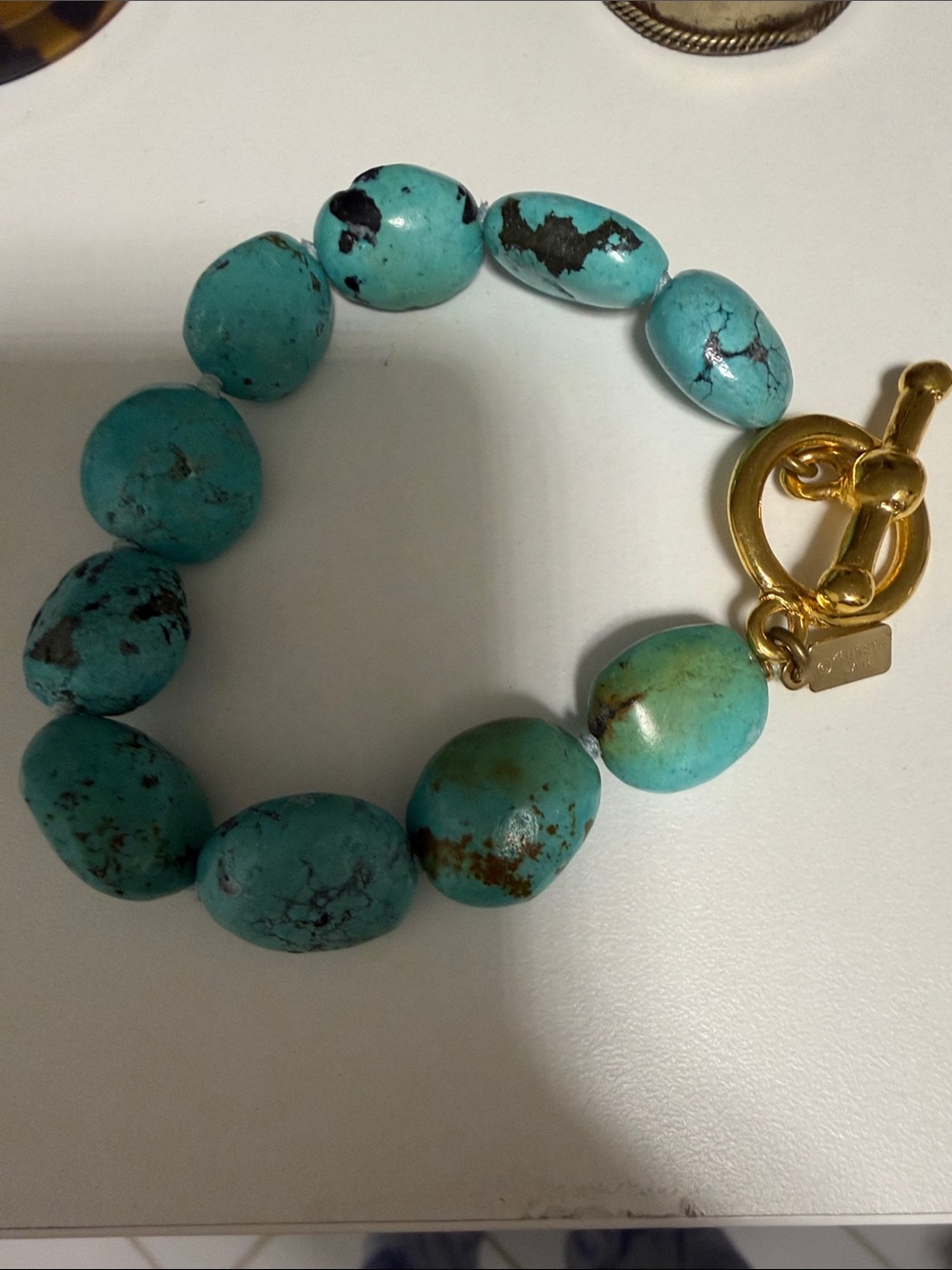 Vintage Kenneth Lane Turquoise Bead Bracelet with Gold Toggle Clasp